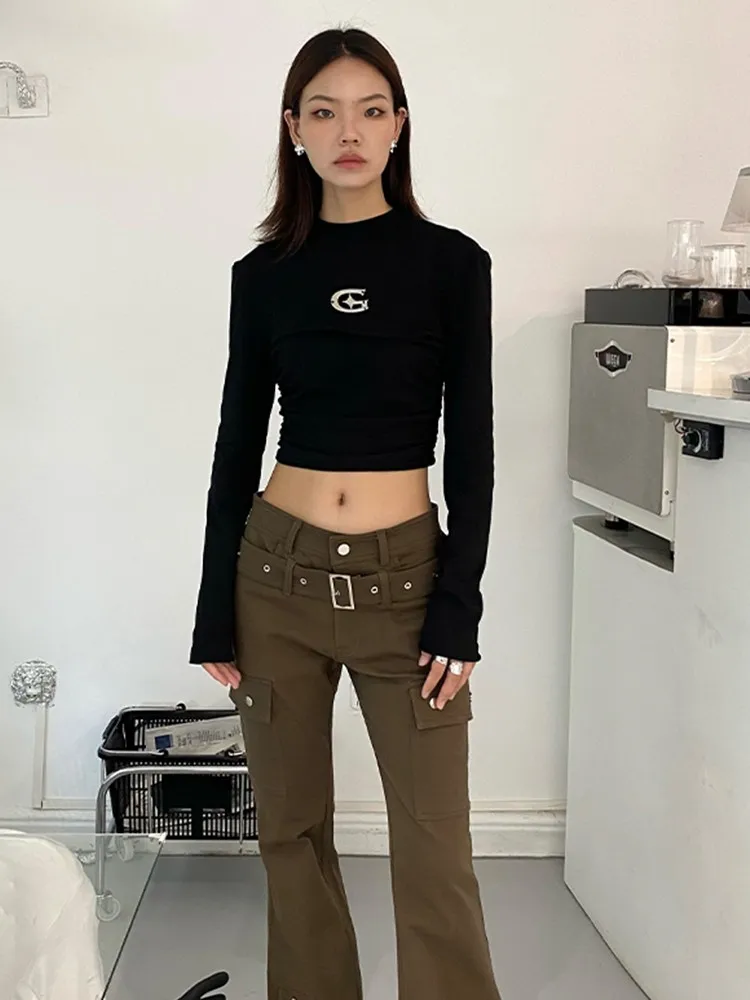 Tonngirls Y2k Black T Shirt Women Clothes Crop Top Long Sleeve Autumn Spring Grunge Aesthetic Slim Skinny Tee Shirt Femme Tops
