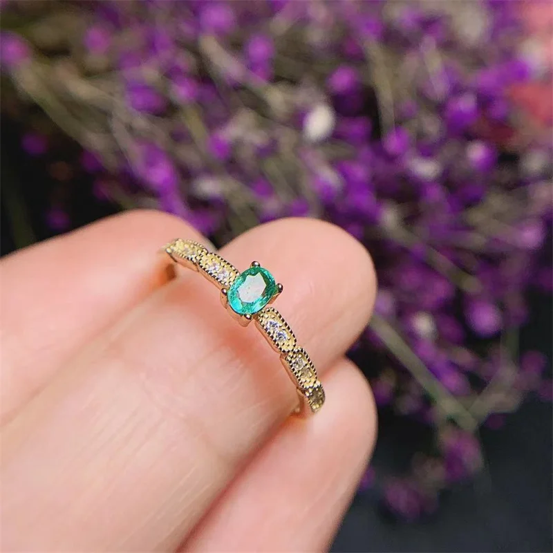 18K Yellow Gold 925 Sterling Silver Real Natural Original Emerald  4X3mm with Certificate Adjustable Size Ring for Women