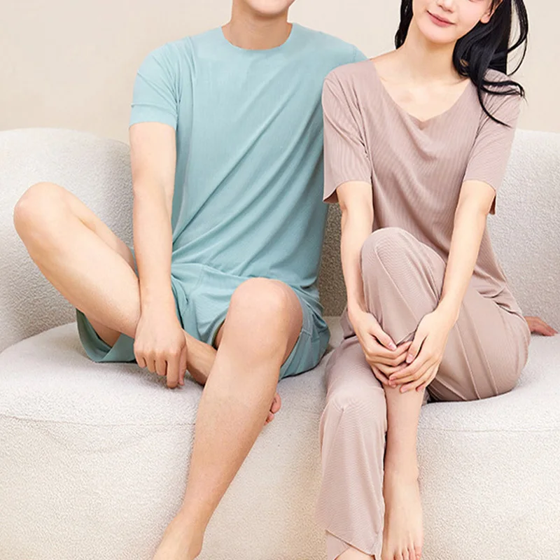 Couple Models Two-Piece Spring And Summer Ice Silk Comfortable Pajamas Without Traces Loose Large Size Short-Sleeved Loungewear