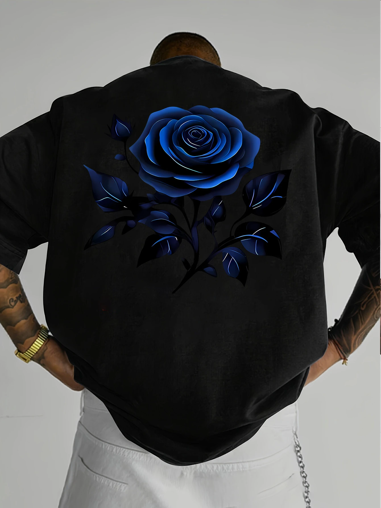 2026 New Men'S Trendy Individual Blue Rose Print Short Sleeve T-Shirt, Casual Street Fashion Top with Pattern