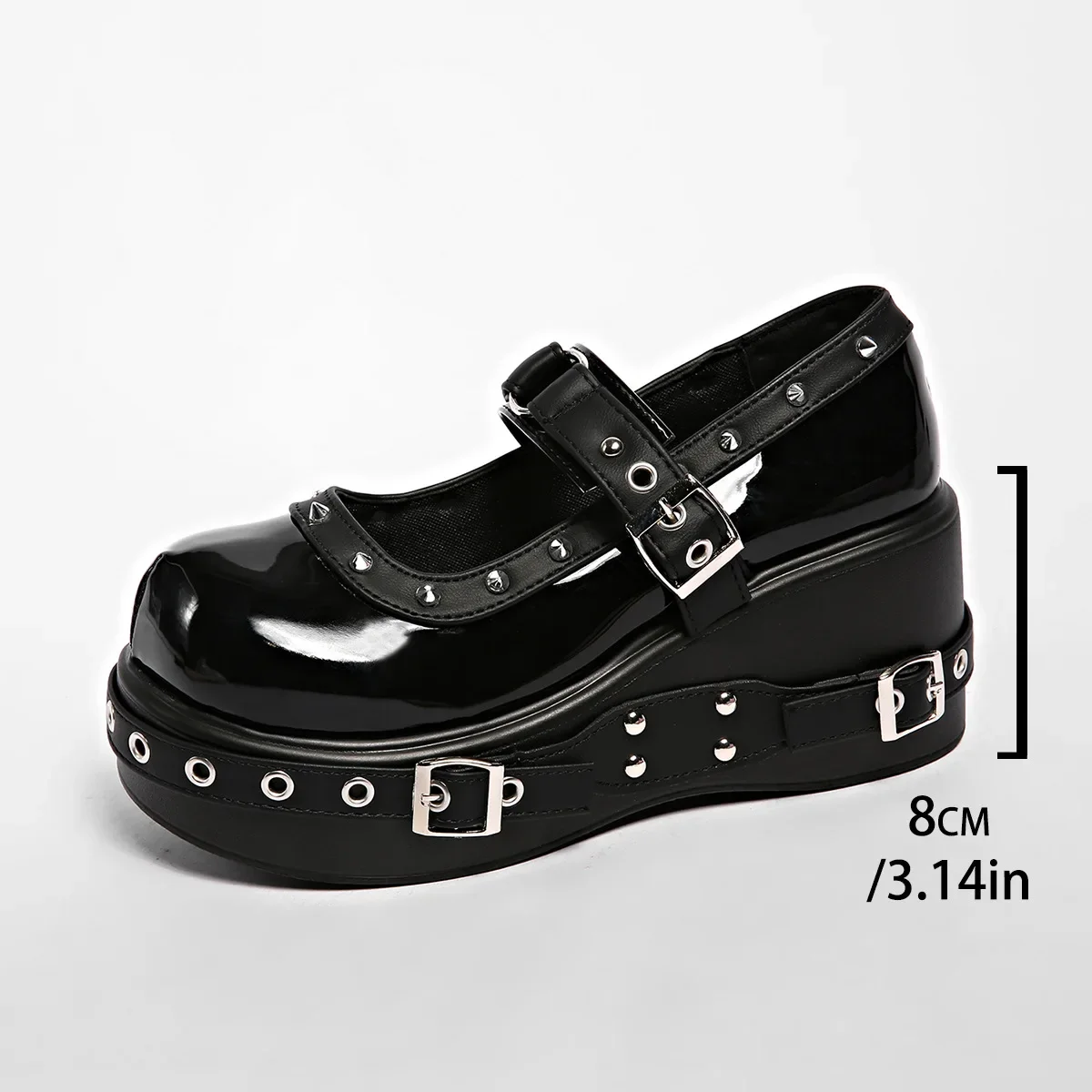 Damen Plus Size 35-42 Mary Jane Schuhe, Plateau T-Strap Pumps, Nietenbesetzte Schwarze Leder-Freizeitschuhe, Cosplayer Punk-Stil Schuhe – Detail 6