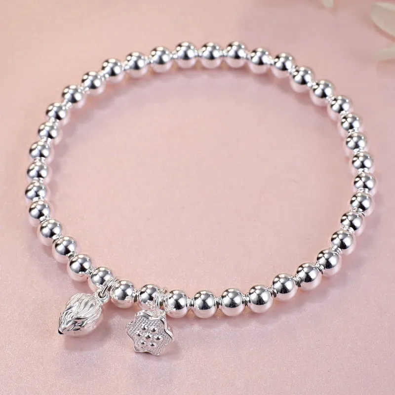 

Genuine 999 Pure Silver Bracelet Lotus Charms with Smooth Beads 5mm Women's Beaded Bracelet Gift