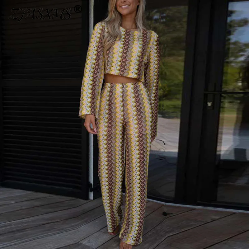 

Colorful Striped Print Crochet Hook Two Piece Set Woman O Neck Top Pullover And High Waist Pants Suit Long Sleeve Autumn Outfits