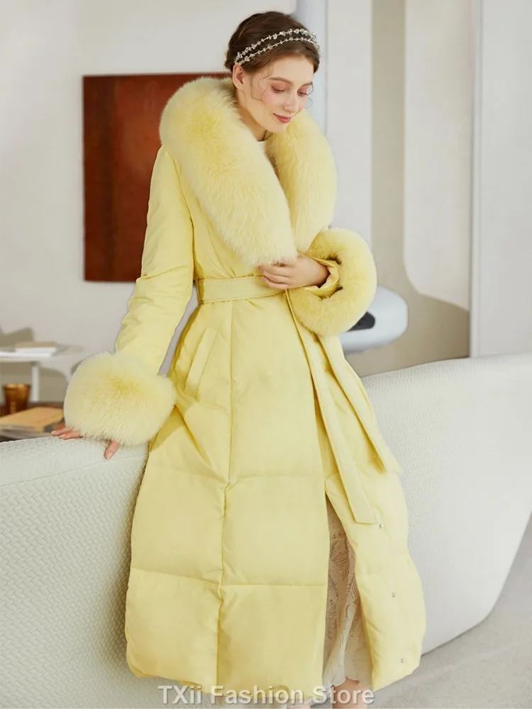 Yellow Luxury Natural Fox Fur Coat Thick Warm Down Coat New 2023 True Fox Fur Cuff 90% White Duck Down jacket Women -30 degrees