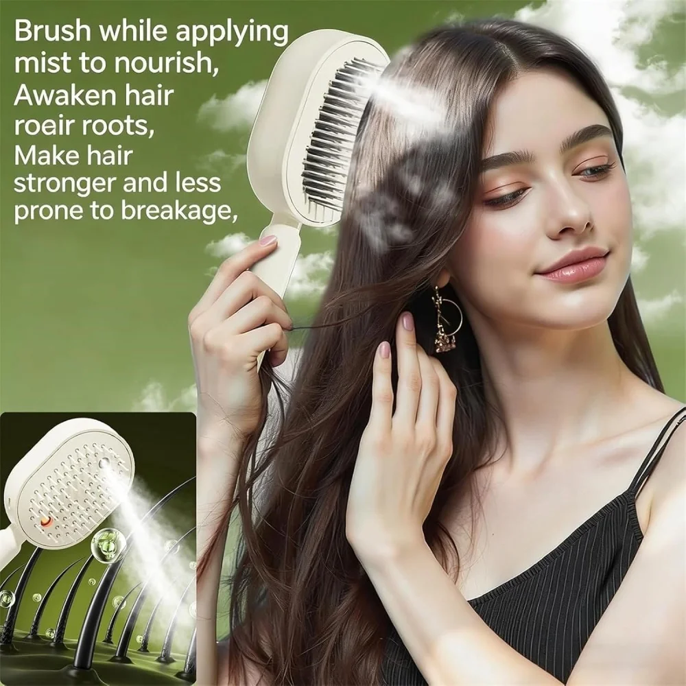 Electric Spray Air Cushion Massage Comb 3-in-1 Mist Spray Hair Brush Self-Cleaning Anti-Tangle for Frizzy Hair & Scalp Care