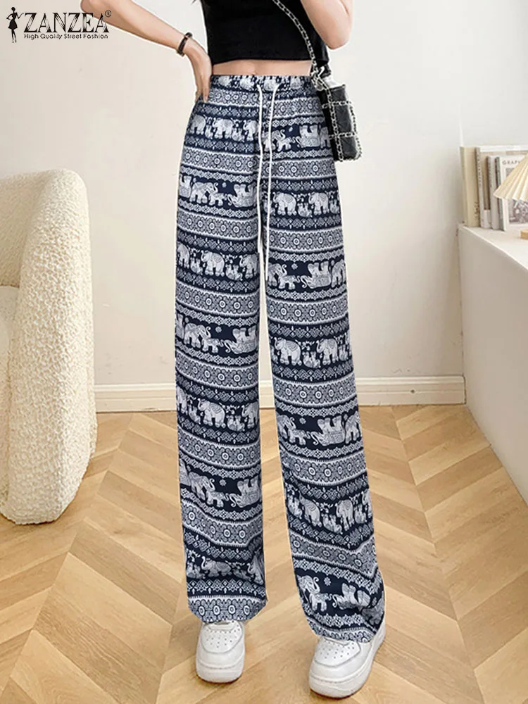 

ZANZEA 2024 Summer Fashion Straight Pantalons Women Elastic Waisted Pants Printed Long Trouser Oversize Casual Pockets Bottoms