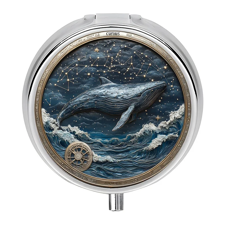A Single-Layer Wallet-Sized Pill Box with a Cosmic Whale Design and Three Compartments This Mini Decorative Storage Box Is Perfect for Storing Vitamins and Can Easily Fit into a Purse or Wallet, Making It a Great Travel-Friendly Gift.