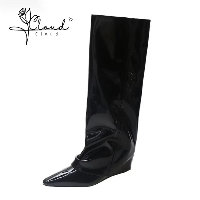 

Long Women Boots Women's High Leg Pants 2024 Autumn Winter New Pointed Wedge Fashion Patent Leather Heel Knight Female Shoes