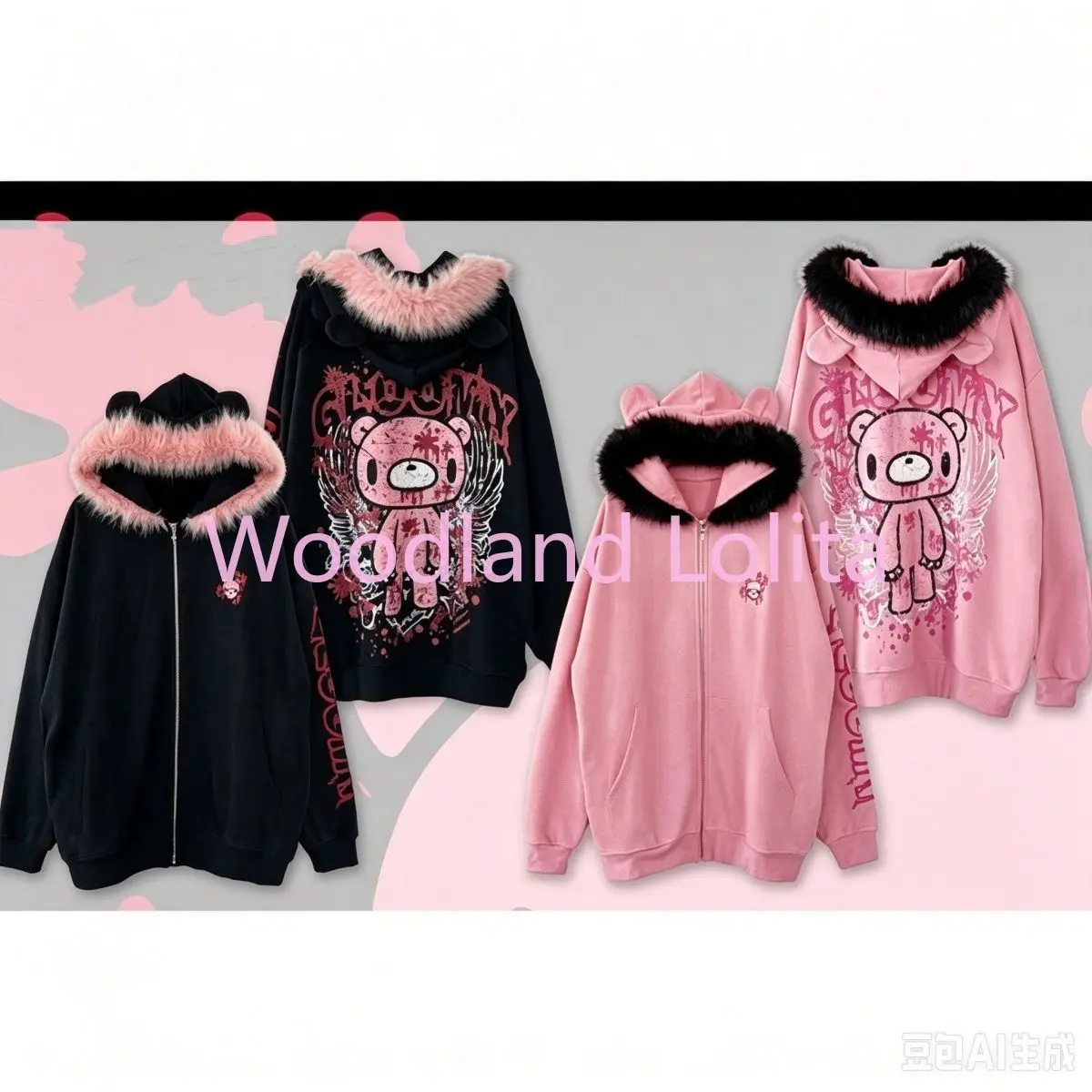 Autumn Winter Japanese Dark Gothic Hooded Coat Women Fur Collar Cartoon Bear Loose Hoodie Sweatshirts Y2K Coat Jacket Jirai Kei