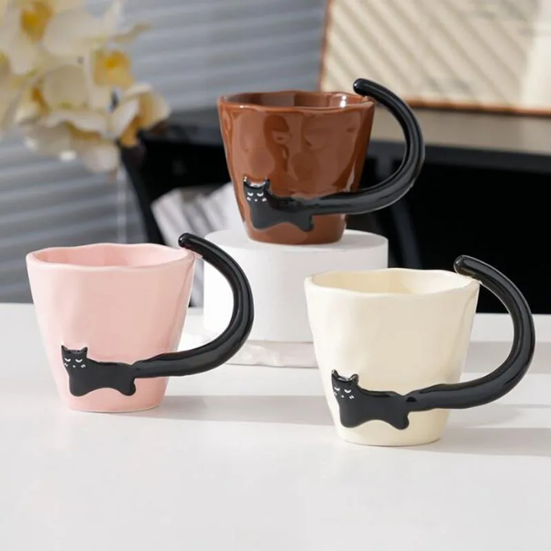 Cartoon Porcelain Black Cat Coffee Mug Milk Mug Tail Handle Water Cup Kitchen Drinkware Wedding Souvenir Gift