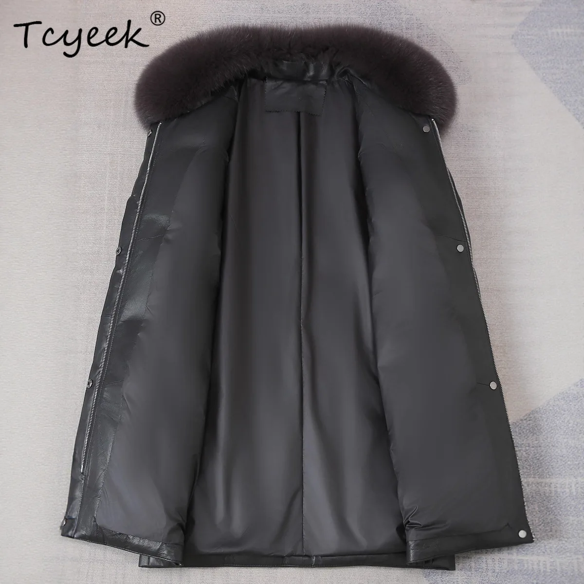 Tcyeek جلد طبيعي أسفل سترة النساء الملابس الشتوية منتصف طويلة معطف جلد الغنم الحقيقي امرأة الدافئة أوزة أسفل معاطف الثعلب الفراء طوق