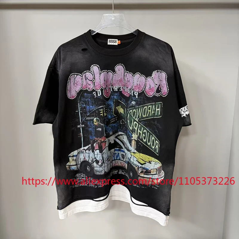 26SS Rough Play T Shirt American Retro Car Print Short Sleeve Men's Casual Short Sleeve Rough Play Tops Tees