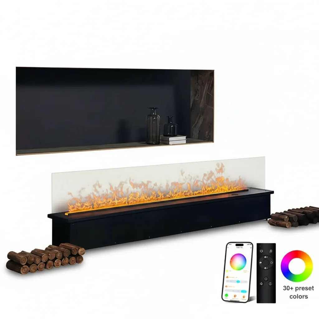 

Электрический камин-вставка, 1000 мм, трехсторонний встраиваемый линейный электрический камин, настенный обогреватель, управление через приложение, LED-эффект пламени