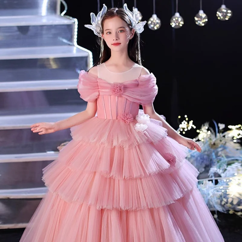 Girls' Formal Dress Princess Gown Light Luxury Stage Show Piano Performance Cake Puffy Dress Pink Children's Performance Costume
