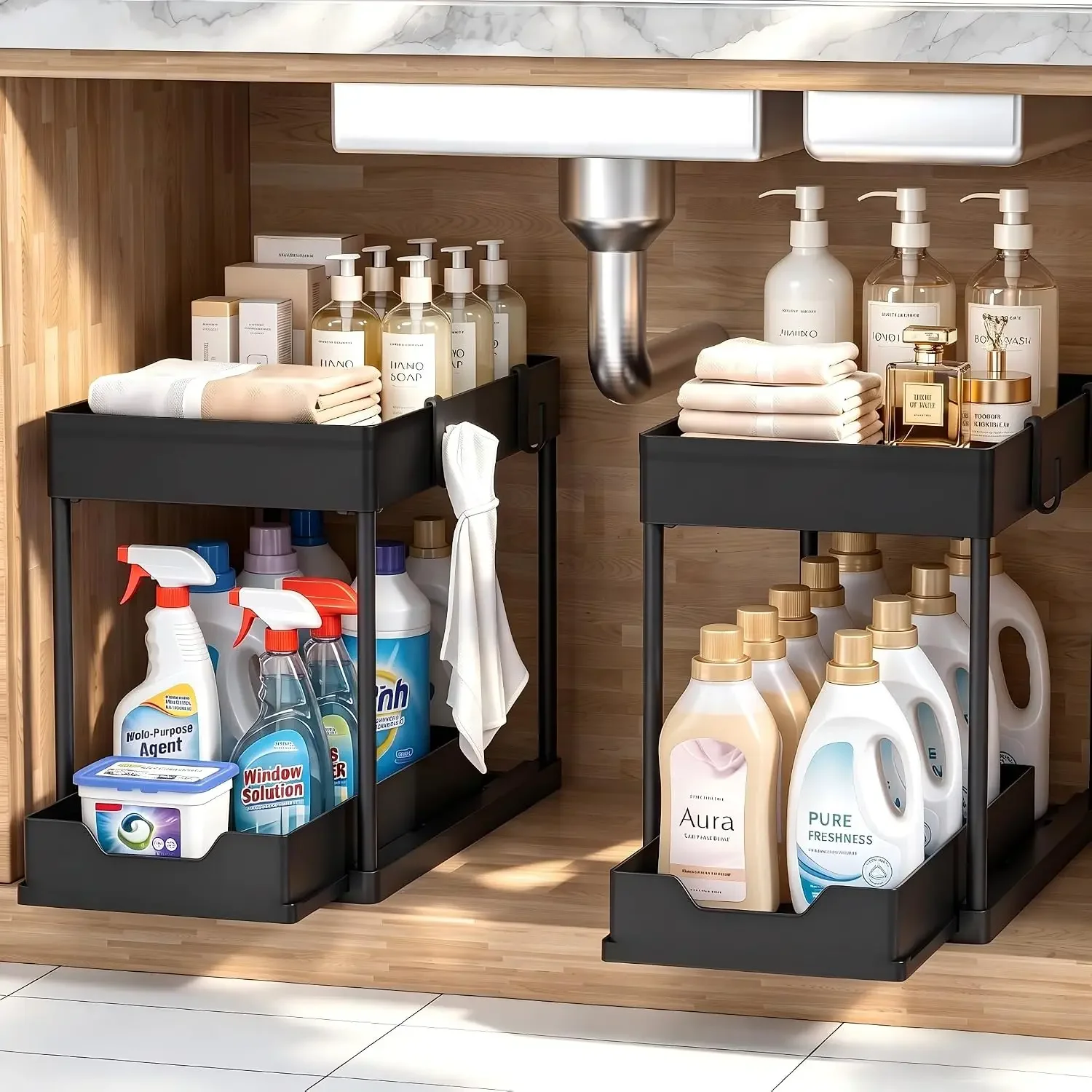 Under Sink Organizer 2 Pack/1 Pack, Bathroom Cabinet Organizer, 2 Tier Sliding Cabinet Basket Organizer Drawer, Multi-Purpose Bath Collection Baskets for Bathroom (Black)