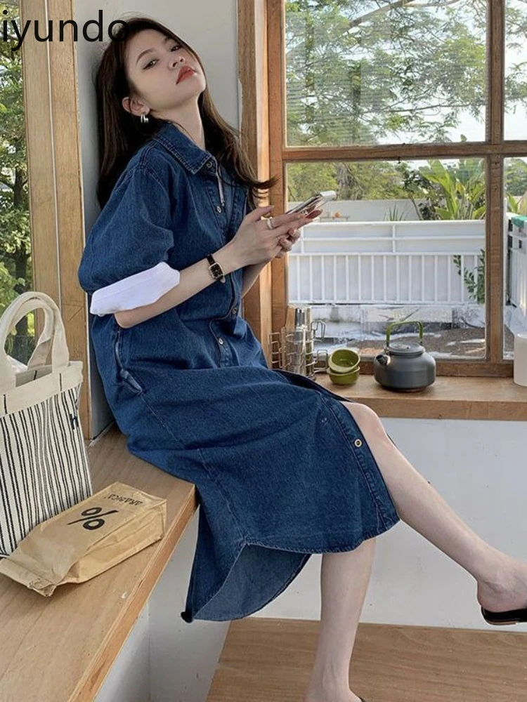 Retro DENIMเสื้อชุดสตรีฤดูใบไม้ผลิและฤดูร้อน 2025 ใหม่หลวมSlim GarisเกลือความยาวปานกลางStreetwear Vestido Feminino