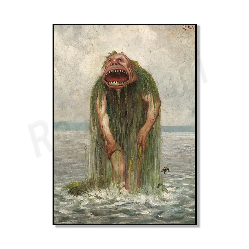 Sea monster art gothic wall decor, Nordic mythology monster surreal painting, Norse troll vintage horror art poster