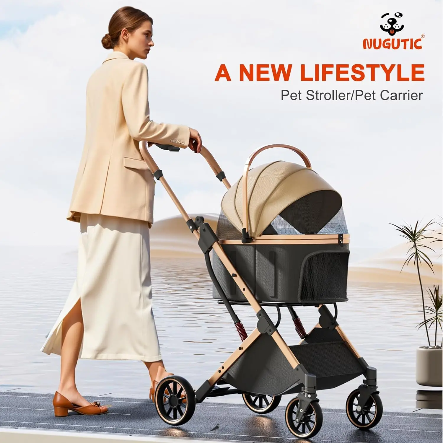 Pet Stroller 4-Wheel Folding Dog Stroller Multifunctional 3-in-1 Car Seat for Small Medium Dogs Cats Detachable Carrier Storage