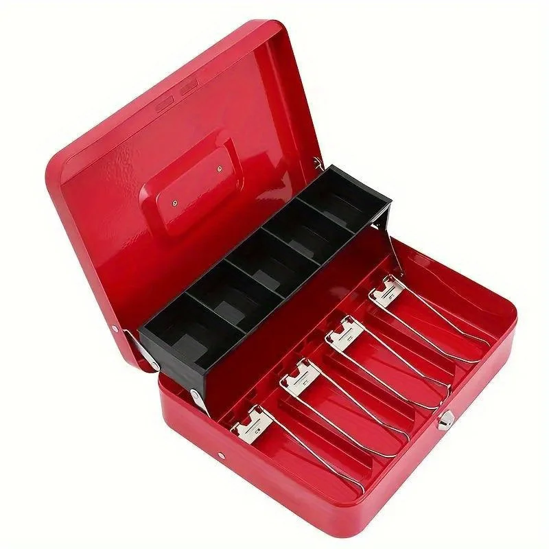 Locking Money Box - Steel Money Box with Organizer Tray, Portable Security Dual Keys