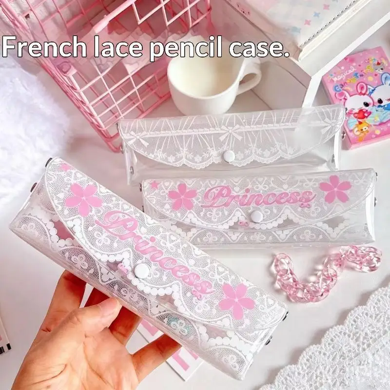 Y2K Retro White Lace Bow Print Clear Pencil Case Daily Study Transparent Stationery Bag Pen Case Multi Functional Makeup Bag