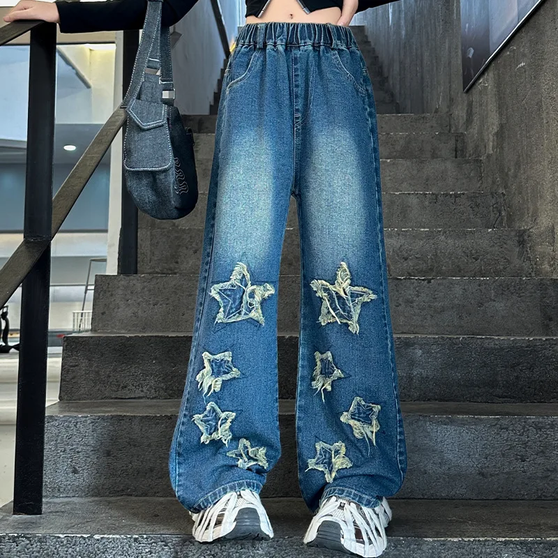 

New Fashion Children Fancy Star Jeans For Girls Elegant Slim Fit Denim Pants Kids Teenager Street Style Brick Red Jeans Trousers