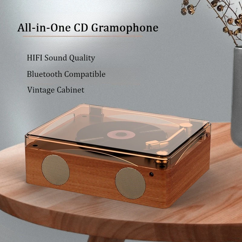 Vintage Integrated CD Gramophone, Portable Bluetooth Audio Player, Vinyl Record Style CD Player