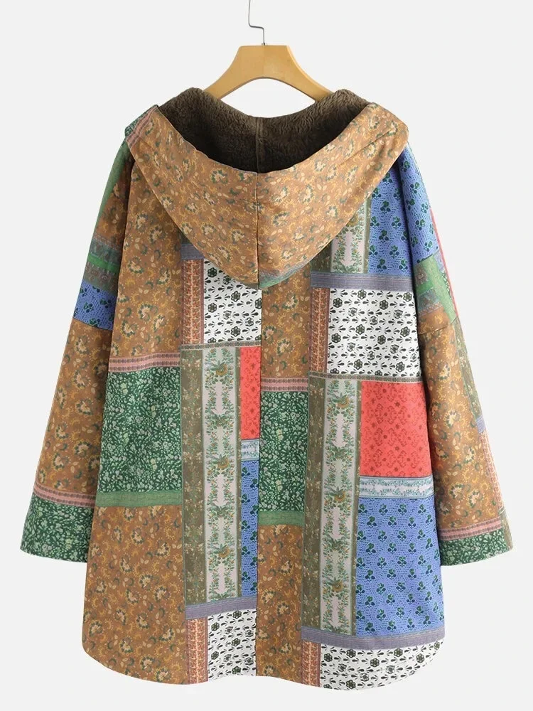 Parkas Retro Boho Cotton Jacket Casual Ethnic Print Fleece Hooded Warm Coat Women Outwear Loose Oversize M-5XL Winter Clothes