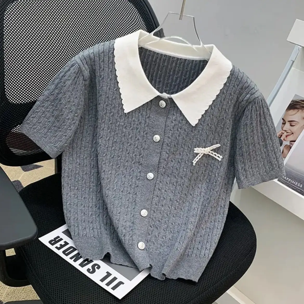 

Oversized Preppy Style Polo-Neck Short Sleeve Pullovers Female Summer Korean Patchwork Screw Thread Knitting Cardigan Top Tee
