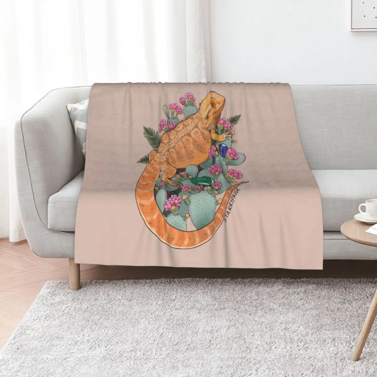Bearded Dragon with Blooming Opuntia Cactus and Boston Ferns with Crystals Throw Blanket Multi-Purpose Single Plush Blankets