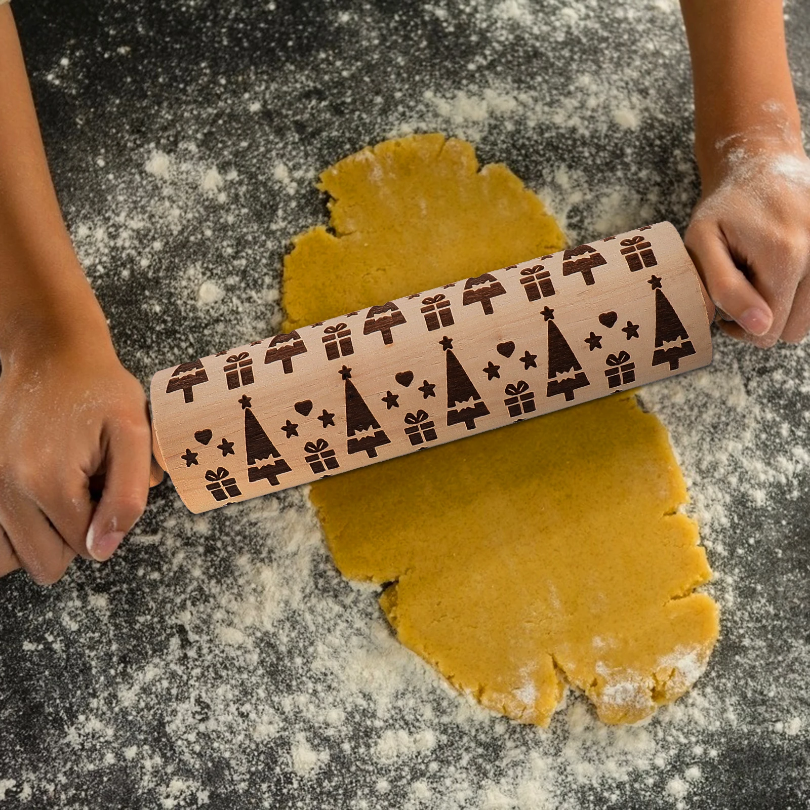 

Christmas Rolling Pin Biscuit Roller Comfortable Holding Baking Embossing Boxwood Engraved Pizza