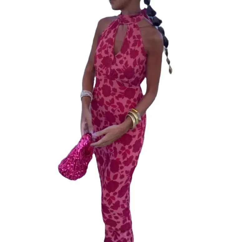 Abito lungo con scollo all'americana con stampa alla moda in stile francese da donna del nuovo arrivo 2025 Abito invernale seducente con scollo a V