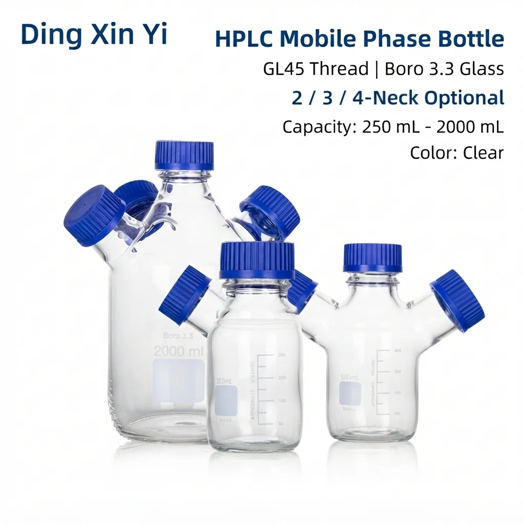 DXY Clear Transparent GL45 Mobile Phase Bottle 2/3/4 Neck 250-2000ml Lab HPLC Chromatography Screw Cap Solvent Reservoir