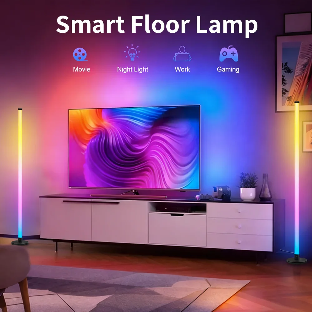 Smart RGB LED Floor Lamp Modern Corner Ambient Light with RemoteAPP Control and Music Sync for Bedroom Living Room and Office 5V