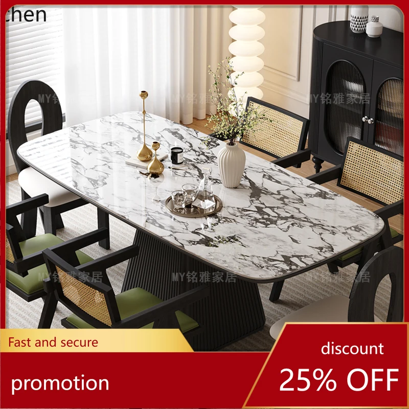 

HT medieval dining table marble retro black oval small apartment rock slab dining table