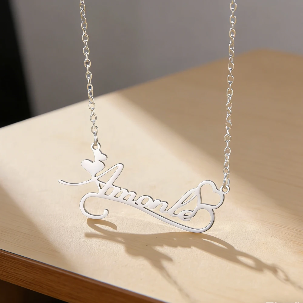 Personalized Heart Name Necklace with Line Custom Dainty Name Pendant Stainless Steel Jewelry for Women Mama Mom Birthday Gifts