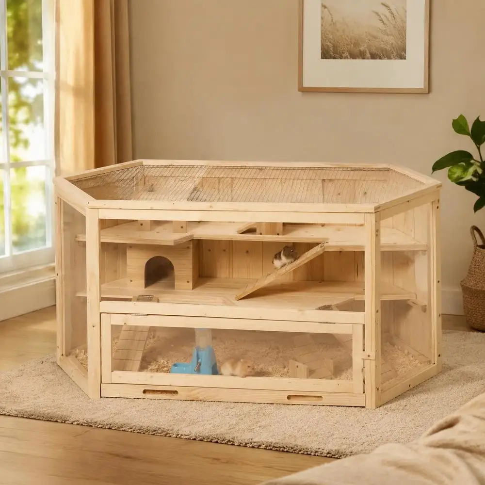 Cage à hamster à 3 niveaux, fenêtres, nichoirs, plateau coulissant, 115 x 60 x 55 cm, effet bois naturel