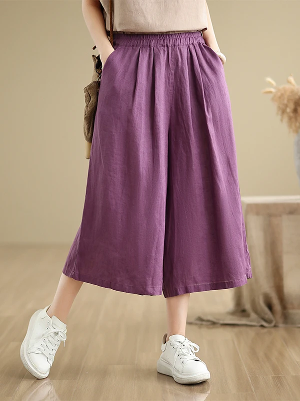 Cotton Linen Wide Leg Pants Women's Summer Simple Match Loose Slim Elastic High Waist Straight Thin Casual Pants