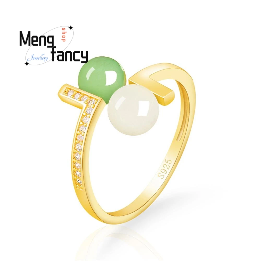 المواد الطبيعية القديمة Hetian اليشم حبة مستديرة خاتم ارتفع الذهب S925 الفضة مطعمة عالية الجودة المرأة مجوهرات الأزياء هدايا العيد