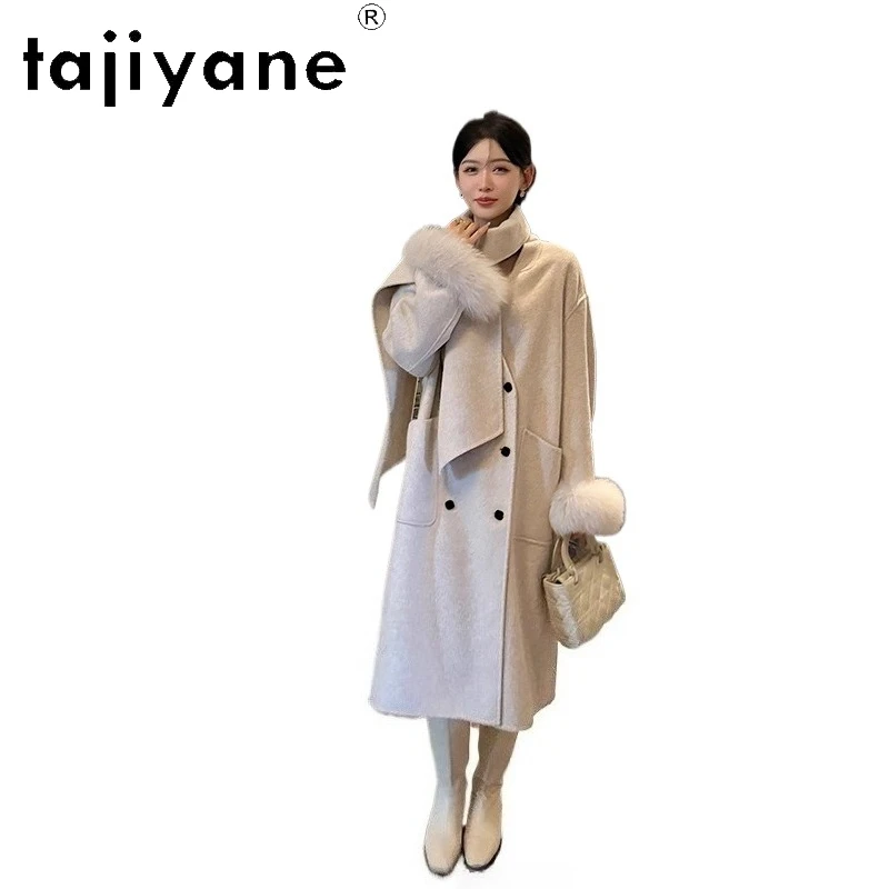 

TAJIYANE 70%Wool 20%Lyocell 10%Cashmer Long Coat Detachable Fox Fur Cuffs V-neck Outerwears Winter Women Clothing 2025 пальто