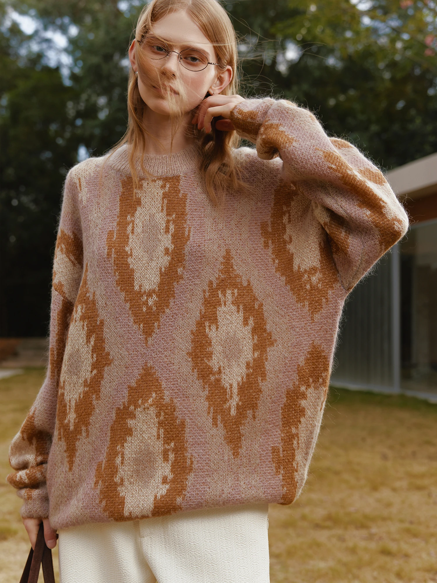 

Year End adient Mohair Wool Knitwear round Ne Sweater Diamond Pattern 5 Needle Long Sve Women's Faion Sweet Sle