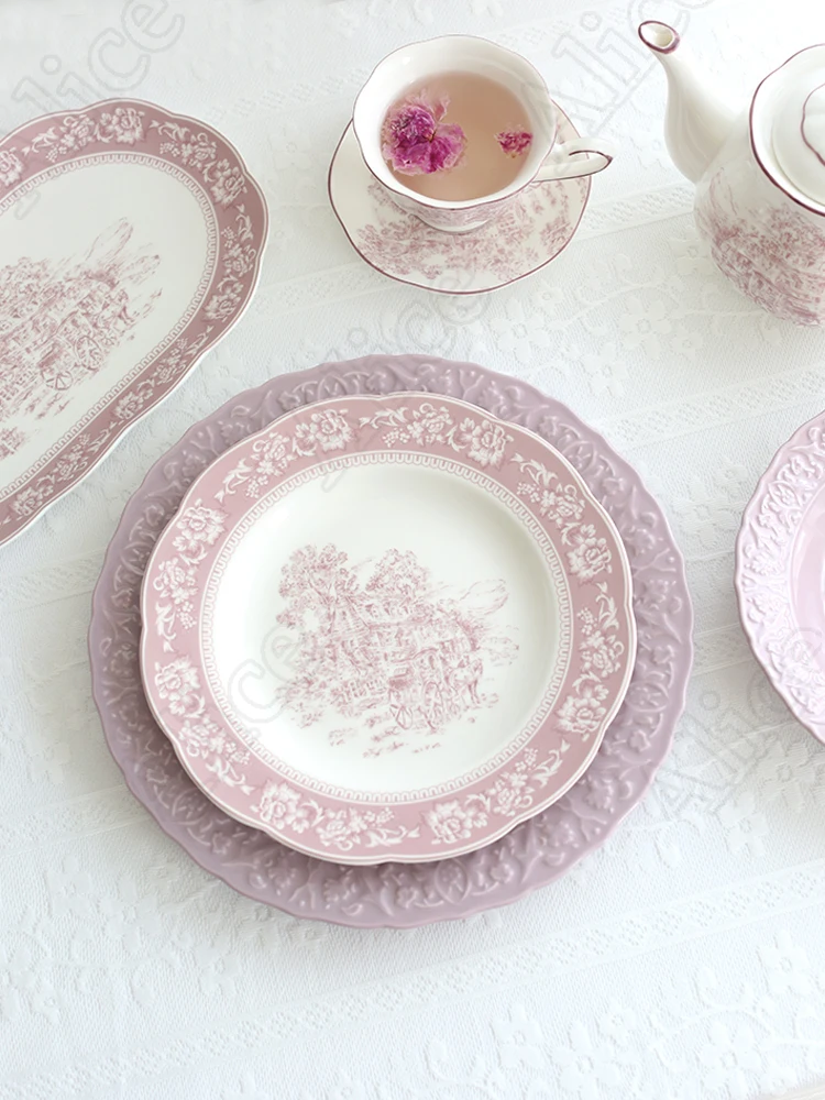French Purple Neverland Ceramic Plates and Bowls Vintage Relief Pasta Dinner Plates Rice Bowl Serving Tray Nordic Home Tableware