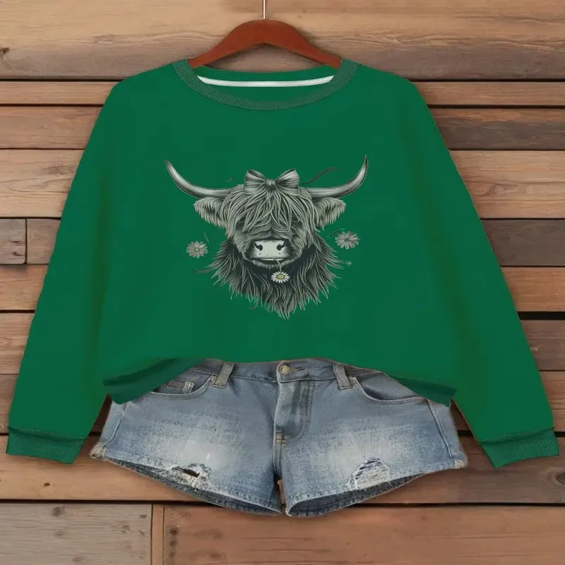 

Зима-Осень Толстовка больших размеров Женская одежда Женский оверсайз Highland Коровья бант Дейзи Арт Дизайн Модный Дышащий Элегантный