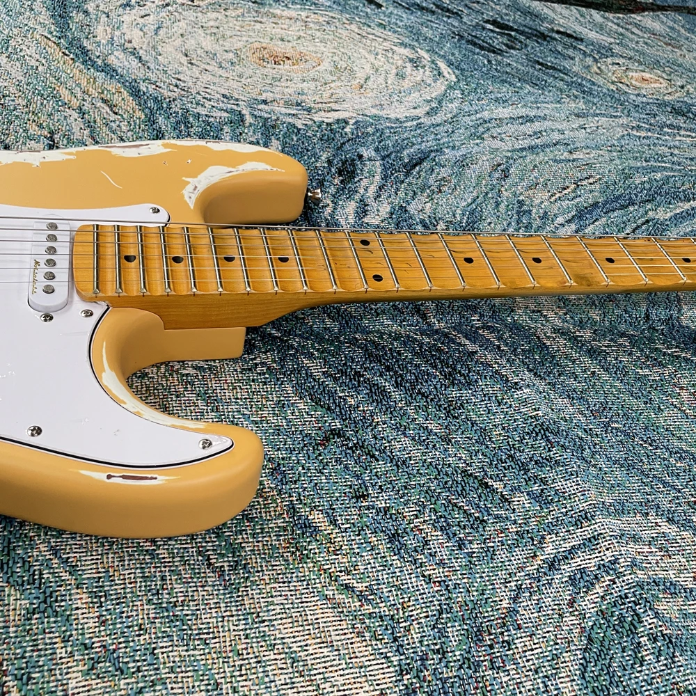 Aged Yellow Electric Guitar high-quality hardware,  comfortable neck, balanced tone, good sustain