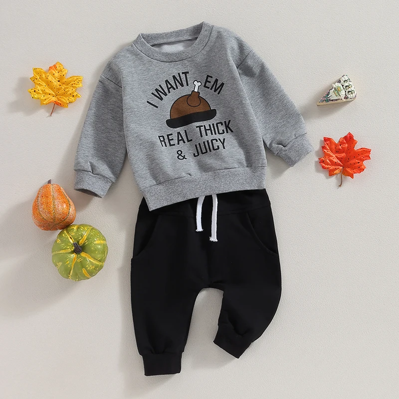 Thanksgiving Baby Boy Outfit Set with Letter Print Sweatshirt and Elastic Pants for Toddler Fall Clothing Ensemble