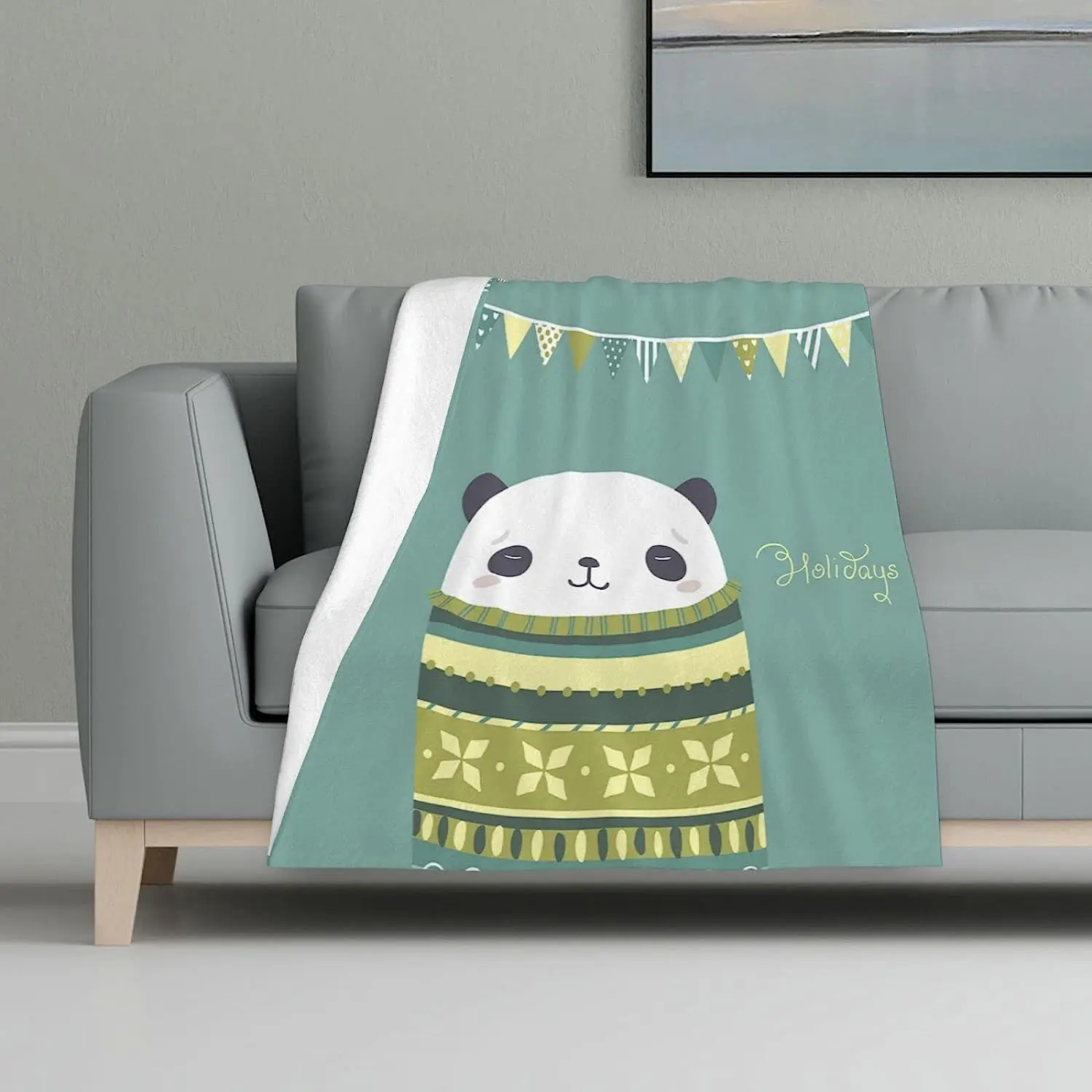 Panda Woollen Blanket Cute Animal in A Cozy Norwegian Sweater in Pastel Colors Minimalist in Scandinavian Style Super