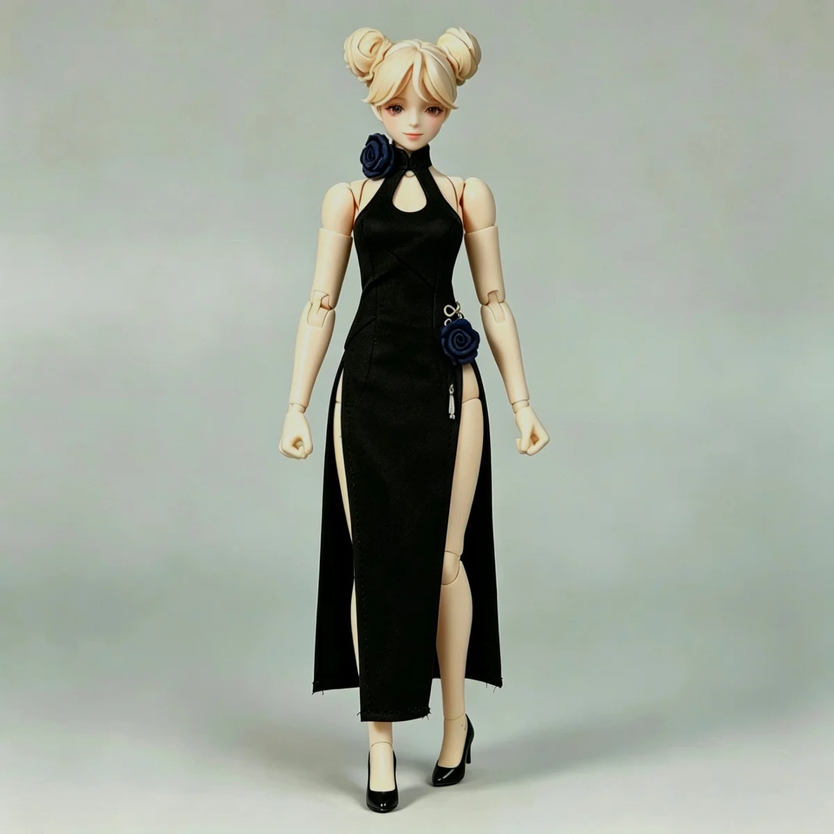 【Clothing Only】Handmade 1/12 Blue Flower Sister Style Side Slit Cheongsam For 6inchs Romankey Action Figure Body