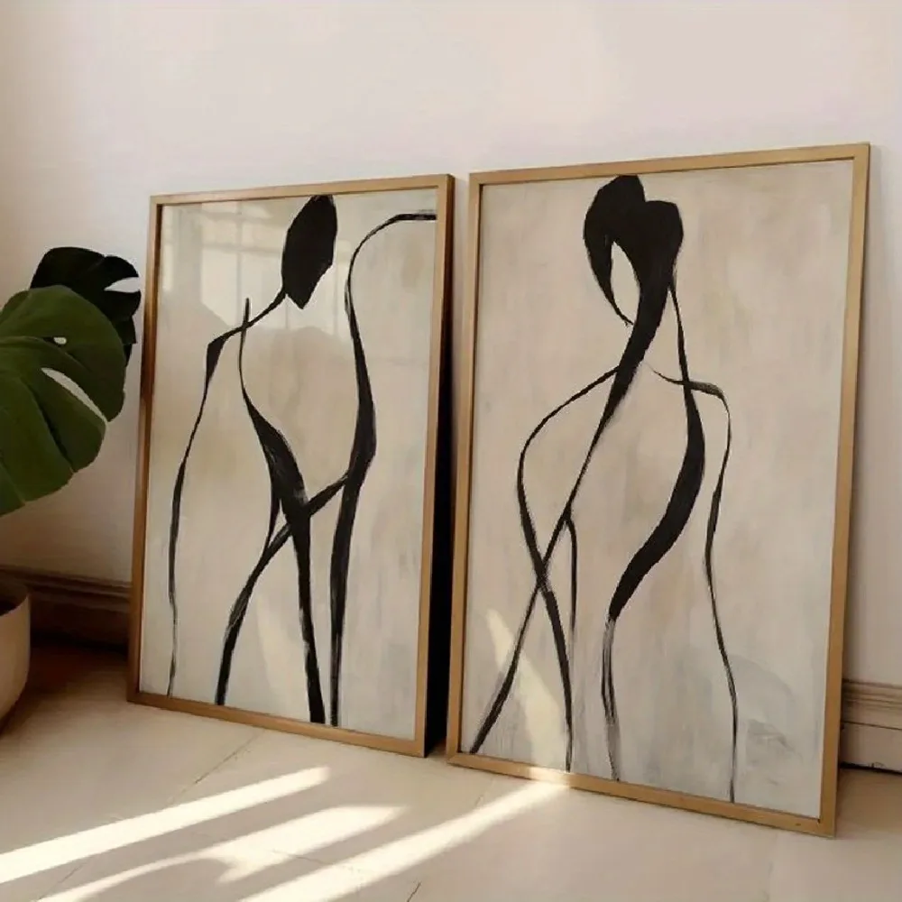 2pcs Frameless,Abstract Black Line Artwork,Simple Modern Character Black and Beige Canvas Painting,Living Room Wal Decoration