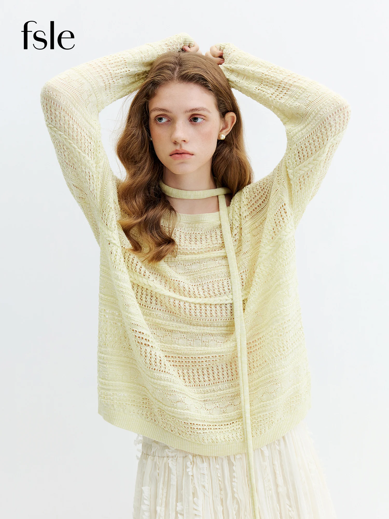 FSLE 2026 Autumn New Women's Round Neck Loose Lightweight Hollow Cable Knit Sweater Air-Conditioning Cover-Up Top Pullovers