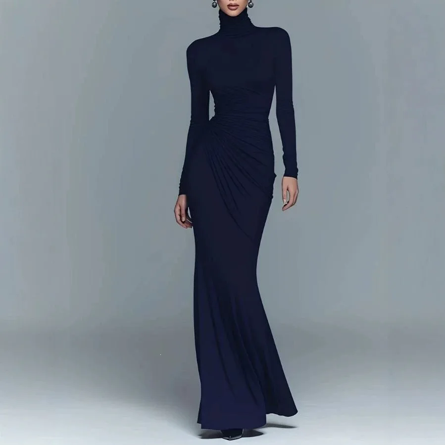 Herbstliches Rollkragenkleid, einfarbig, figurbetont, Maxikleid, Damen, langärmelig, plissiert, bodenlang, elegantes Abendkleid für Hochzeiten und Partys