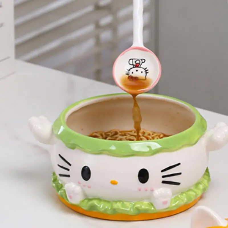 Керамическая чашка с рисунком «Hello Kitty's», миска для супа, красивая, большая вместимость, бытовая, есть ложка, модный милый праздничный подарок